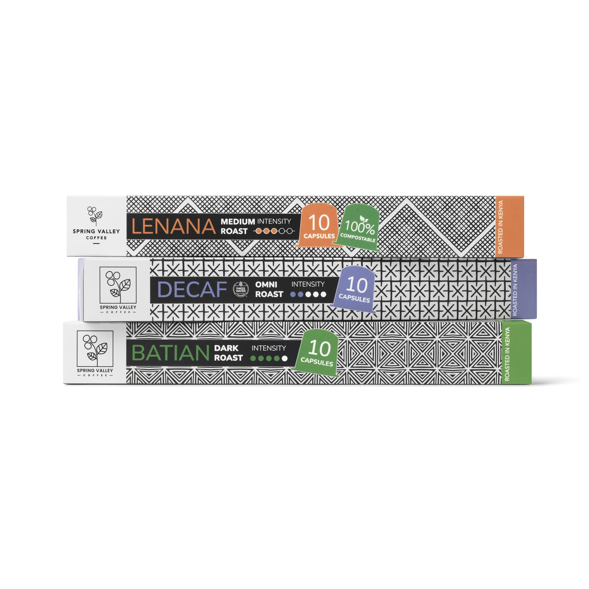 Spring Valley Coffee compostable capsules: Lenana, Decaf and Batian